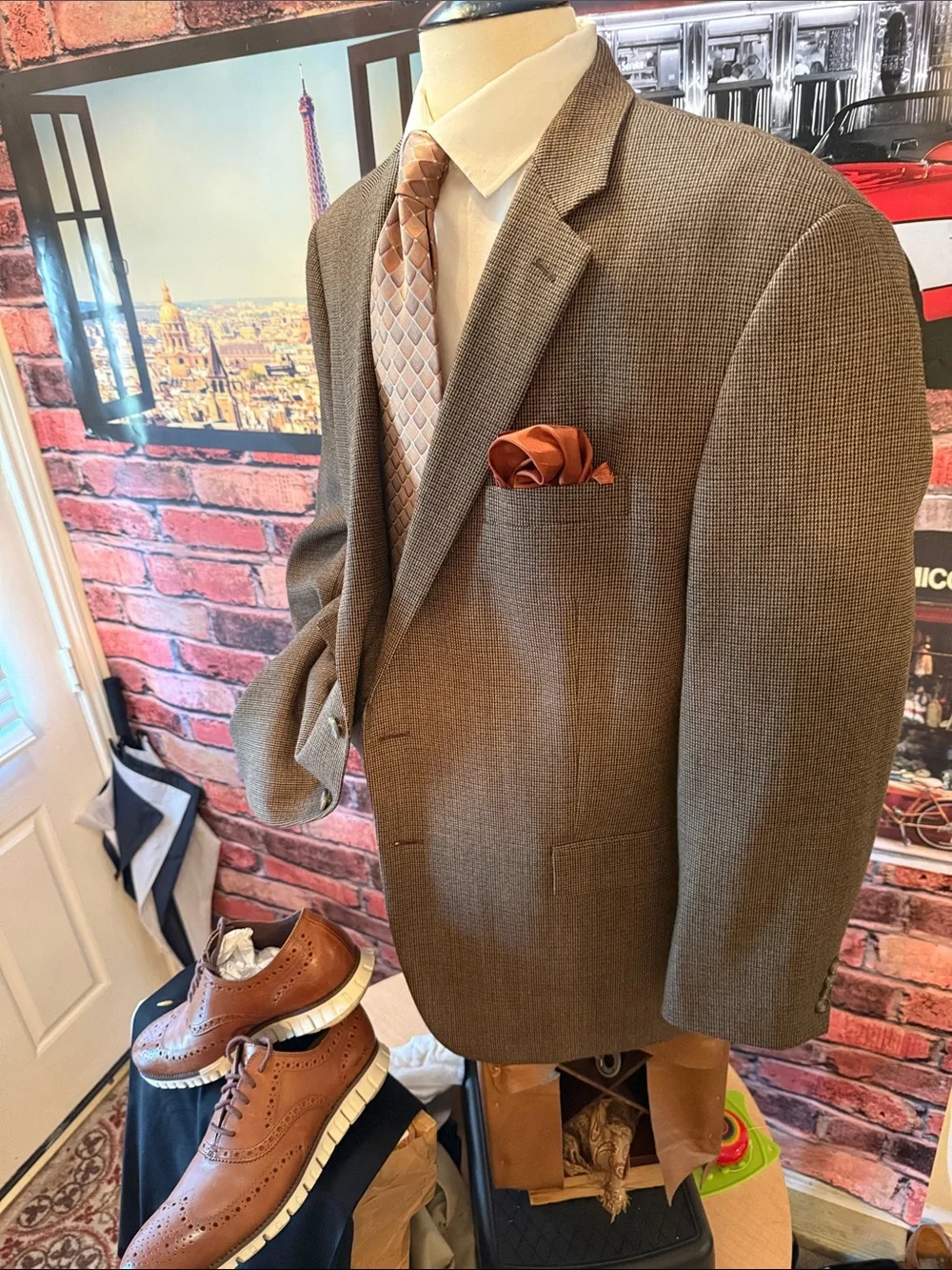 Chaps Brown Houndstooth Sport Coat with Brown Satin Lining